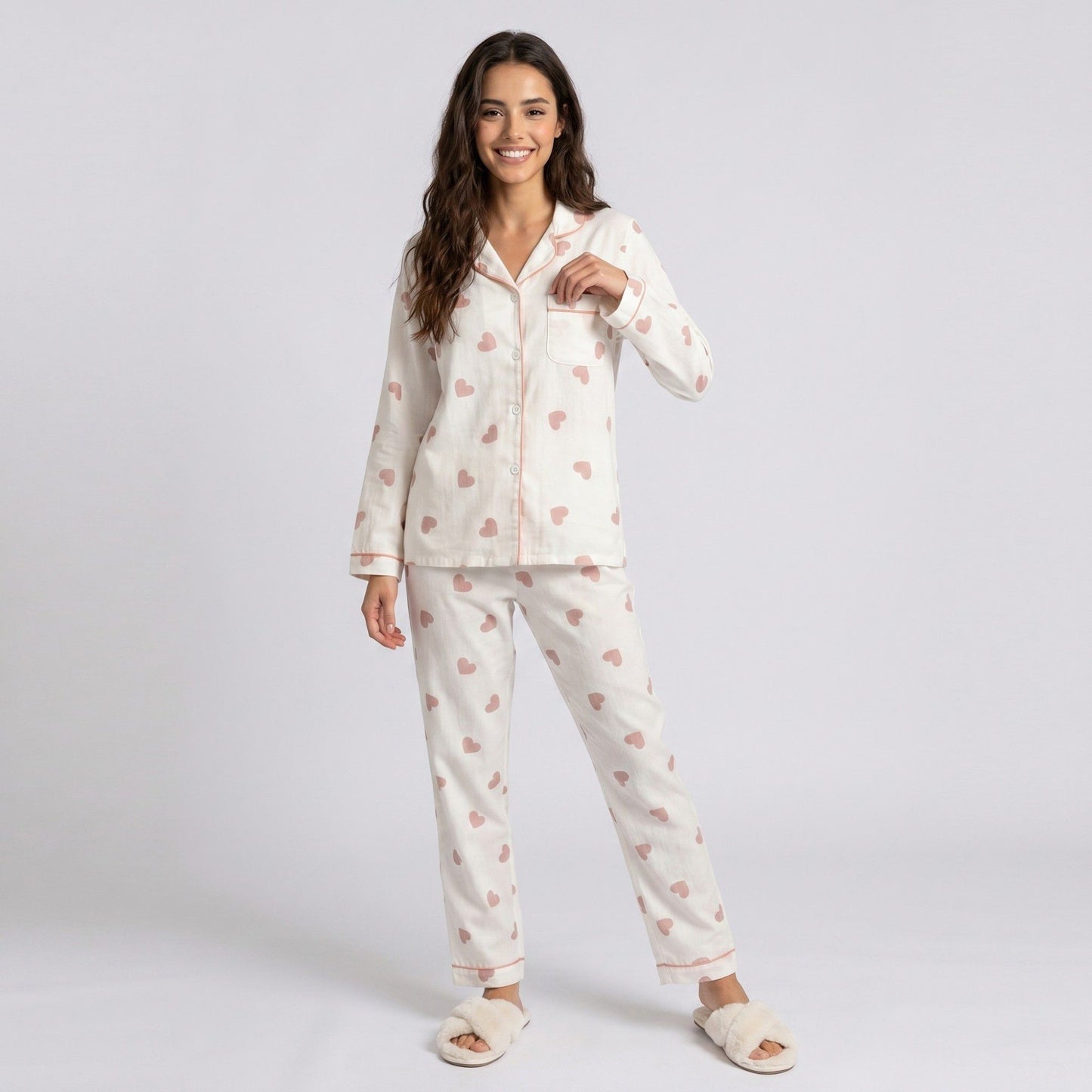 2-Piece Set Heart Print Button Front Pajama Top and Straight Leg Lounge Pants
