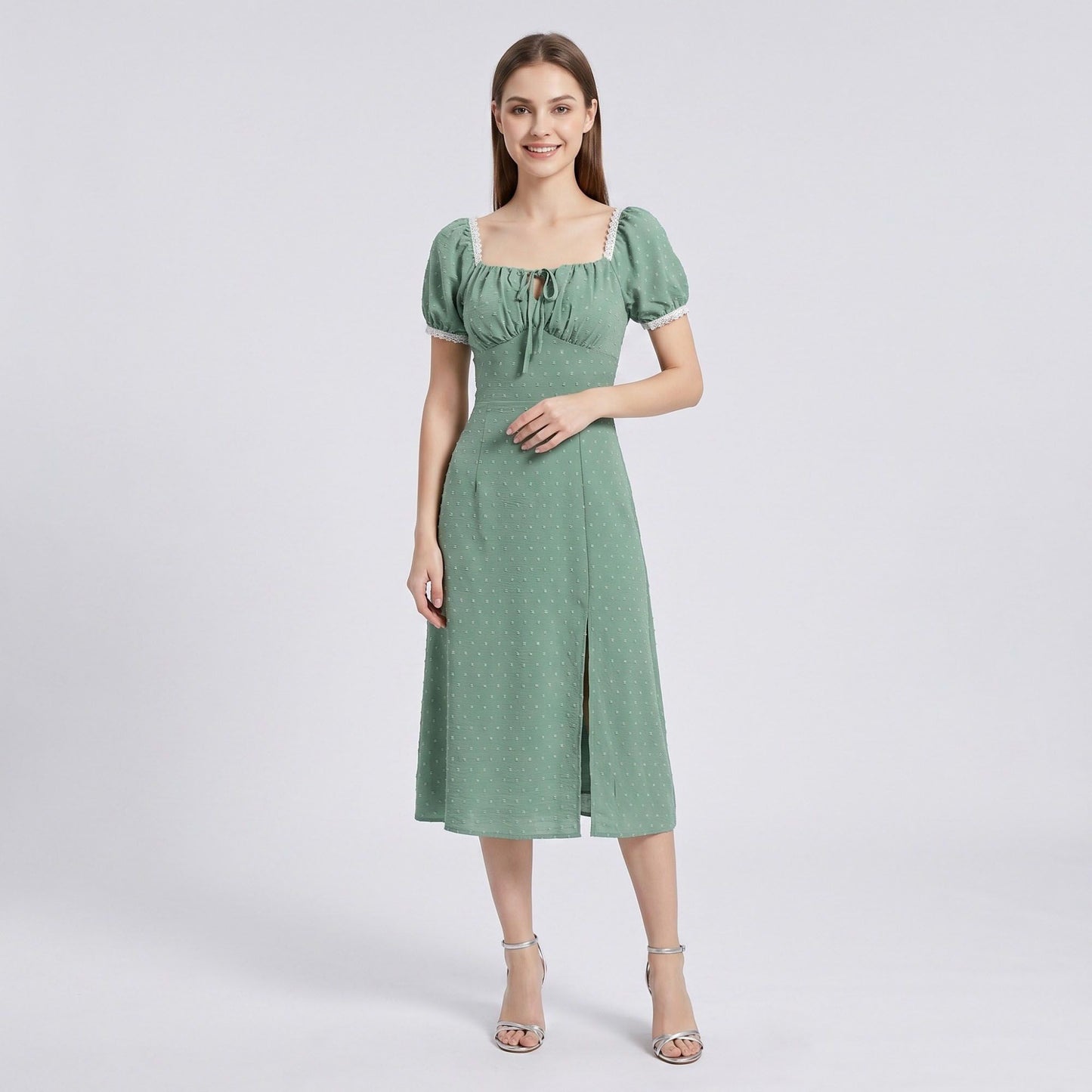 Swiss Dot Puff Sleeve Midi Dress with Lace Trim Square Neckline Tie Front Detail Front Slit and Fitted Bodice