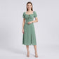 Swiss Dot Puff Sleeve Midi Dress with Lace Trim Square Neckline Tie Front Detail Front Slit and Fitted Bodice