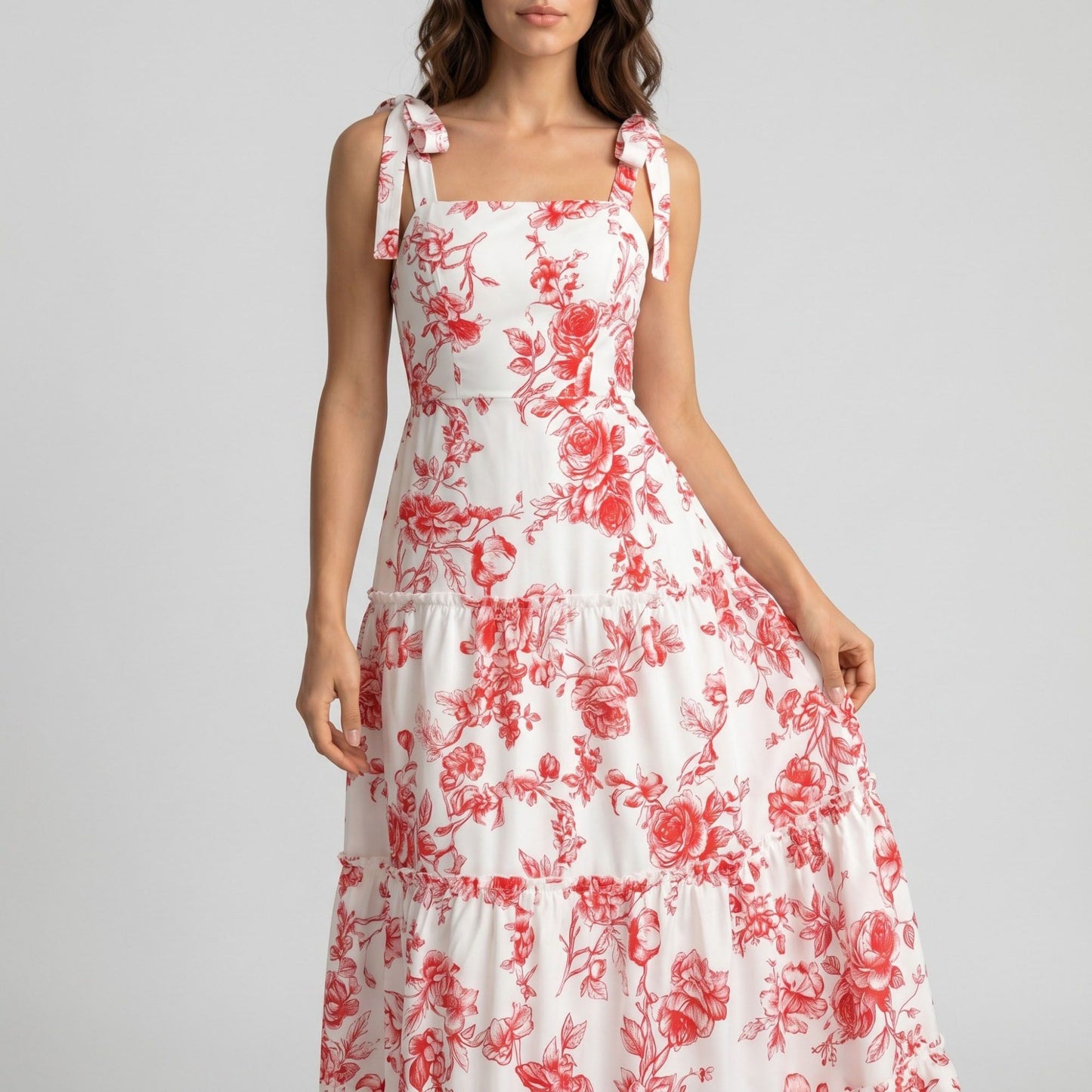 Floral Print Tie Shoulder Smocked Bodice Tiered Maxi Dress with Square Neckline and Flowy A Line Silhouette