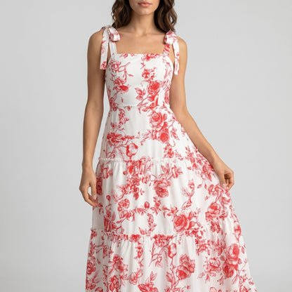 Floral Print Tie Shoulder Smocked Bodice Tiered Maxi Dress with Square Neckline and Flowy A Line Silhouette