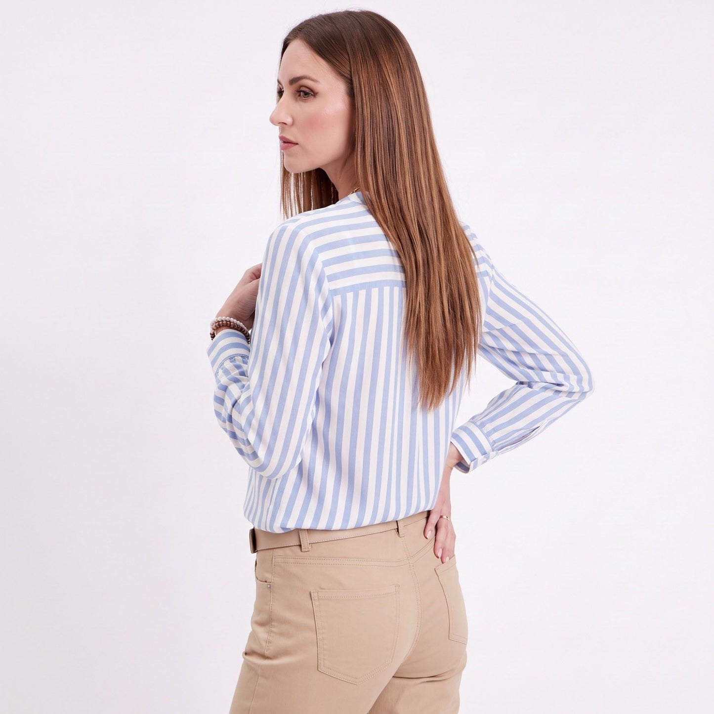 Striped Long Sleeve Split Neck Blouse with Button Placket