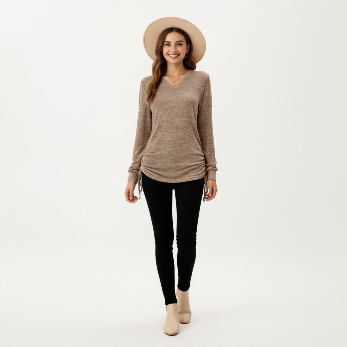 Long Sleeve V-Neck Top with Side Drawstring Ruched Hem