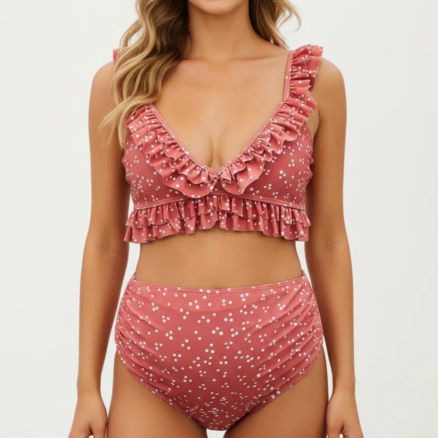 Ruffled Maternity Bikini Set with High-Waisted Bottoms and Polka Dot Print