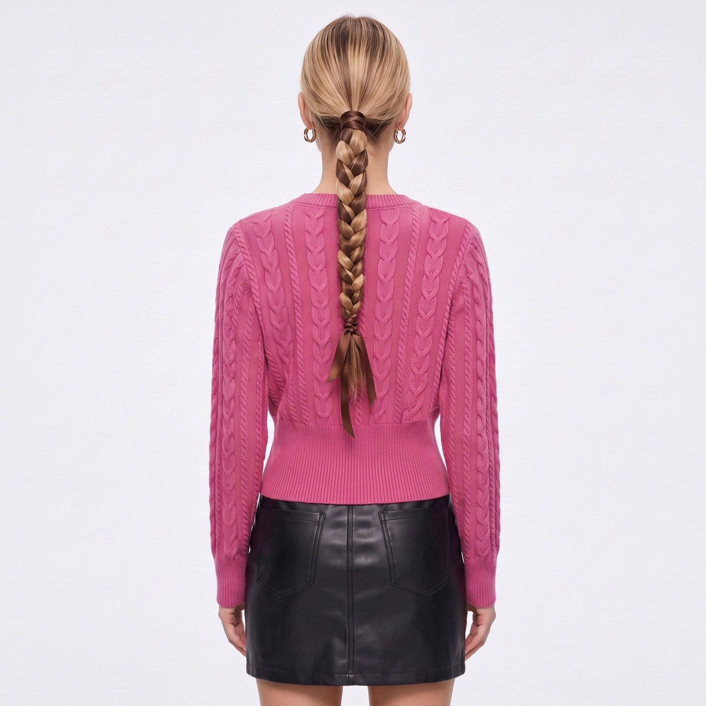Cable Knit Crewneck Sweater with Front Zipper