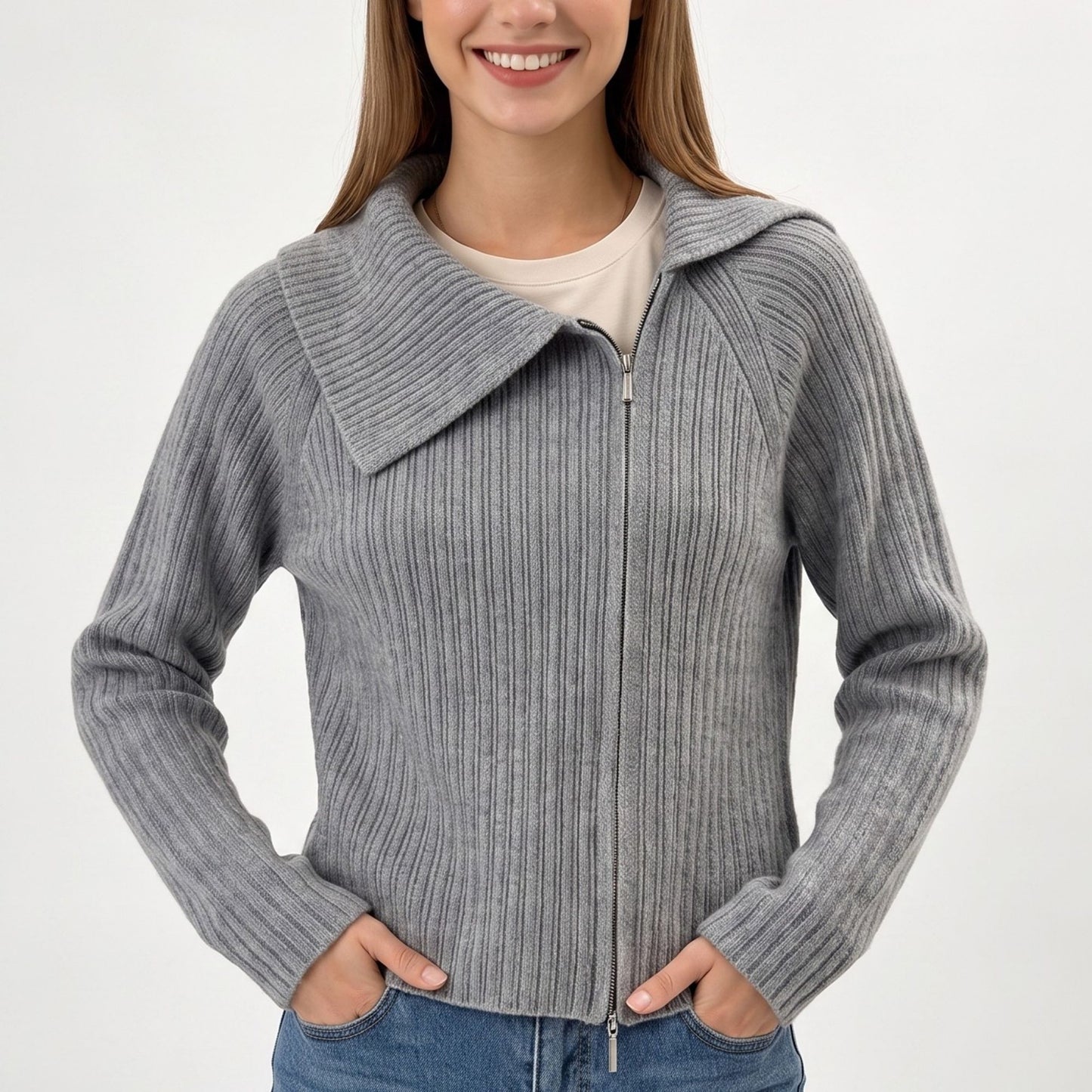 Ribbed Wide Collar Zip-Front Cardigan Sweater