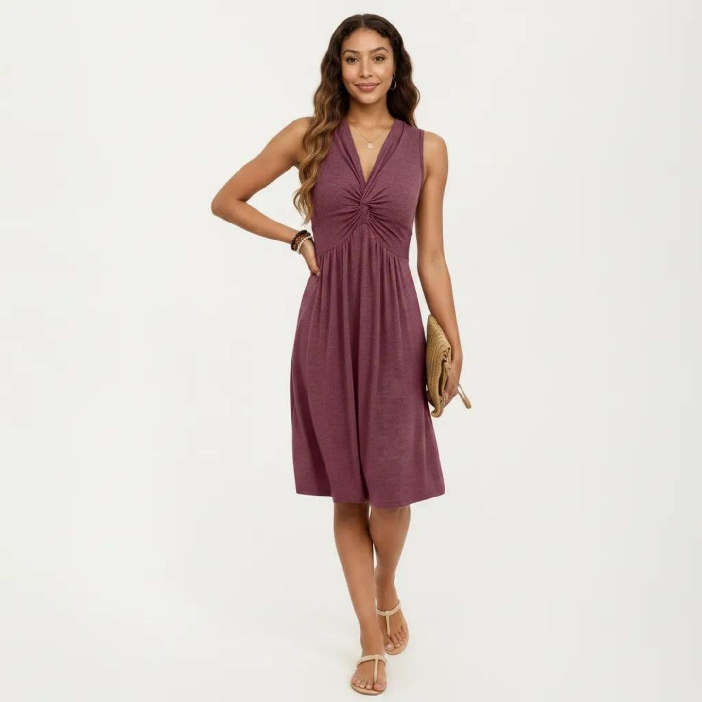 Sleeveless V Neck Midi Dress with Front Twist Detail and Flowy A Line Silhouette