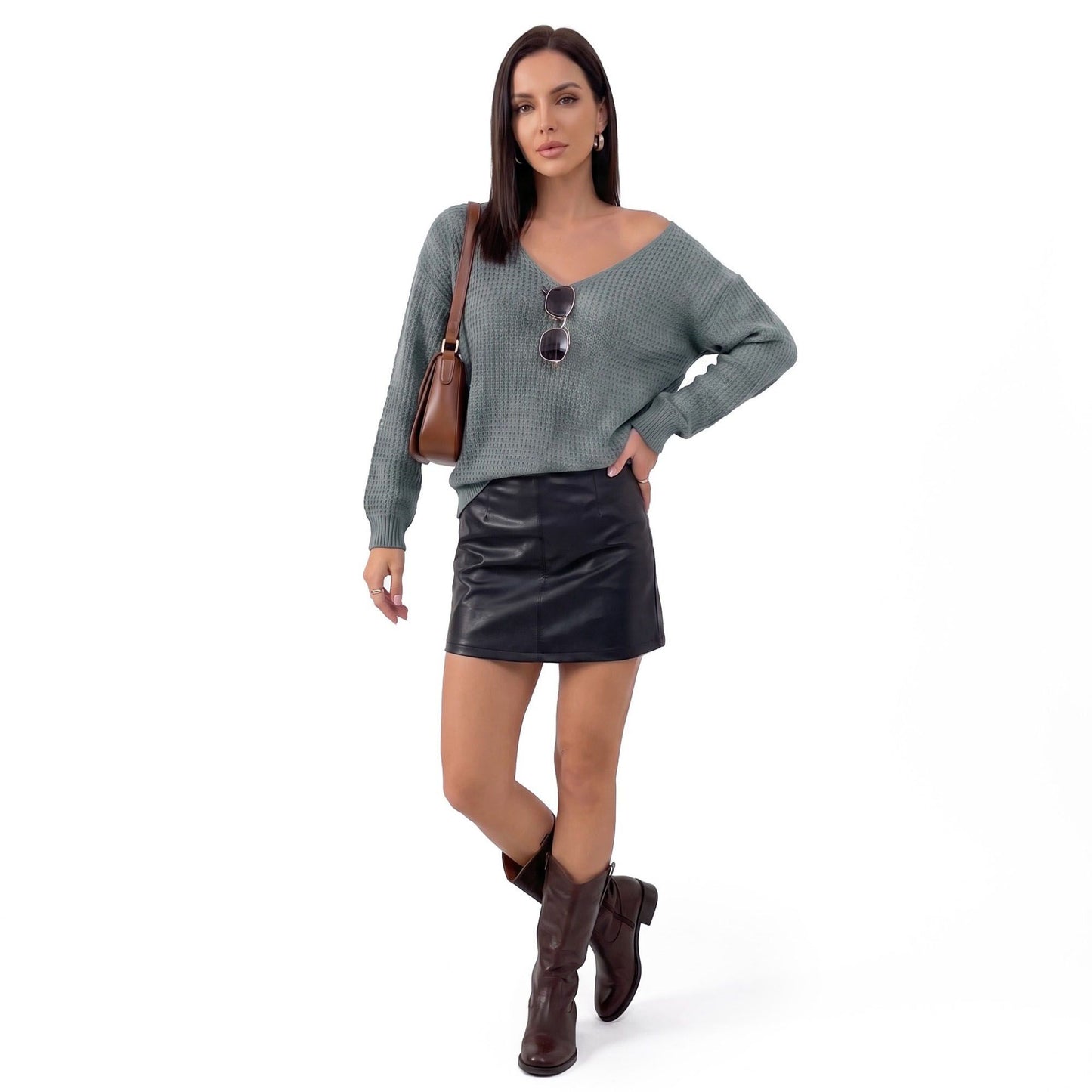 V-Neck Open-Back Tie Long Sleeve Knit Sweater