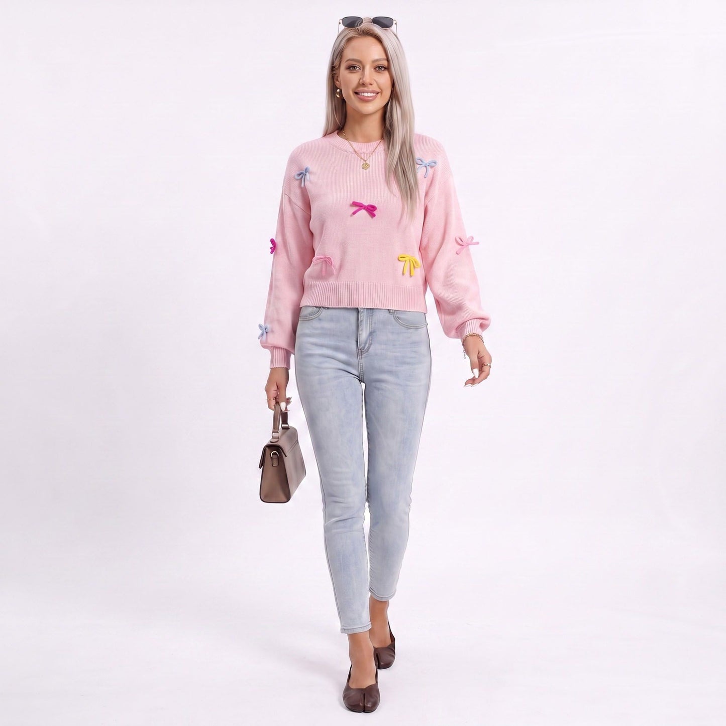 Colorful Bow Crew Neck Long Sleeve Knit Sweater