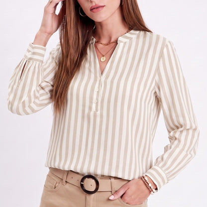 Striped Long Sleeve Split Neck Blouse with Button Placket