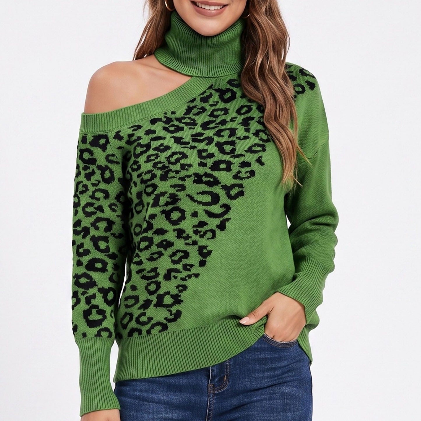 Leopard Print Cold Shoulder Turtleneck Sweater