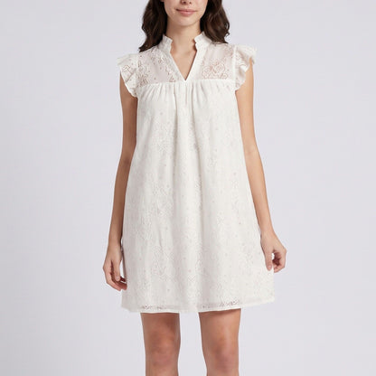 Floral Lace Texture Ruffle Sleeve Mini Dress with Split Neckline Gathered Yoke and Relaxed Shift Silhouette