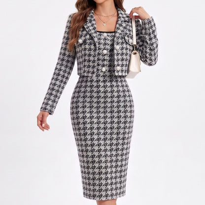 Houndstooth Cropped Blazer and Square Neck Midi Dress Two Piece Set