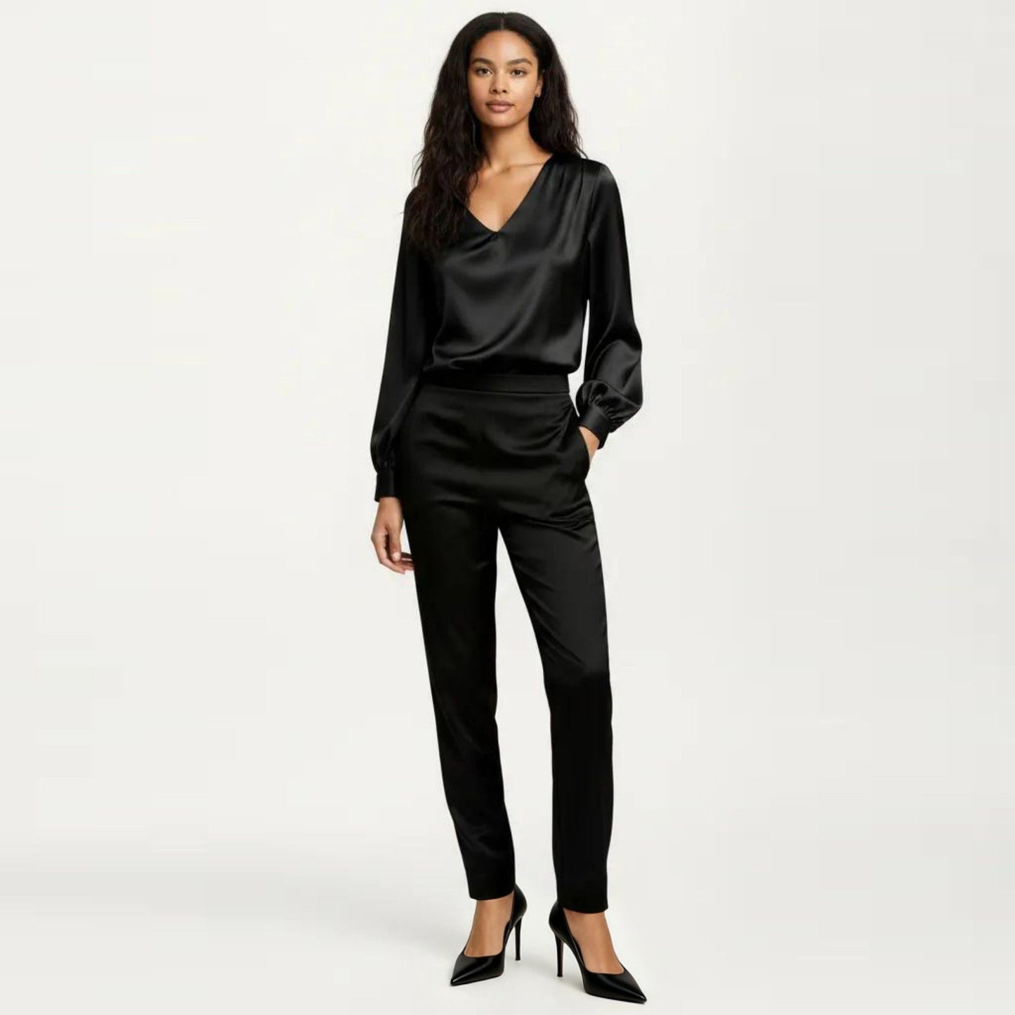 Satin V-Neck Blouse with Long Balloon Sleeves and Wide Cuffs