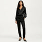 Satin V-Neck Blouse with Long Balloon Sleeves and Wide Cuffs