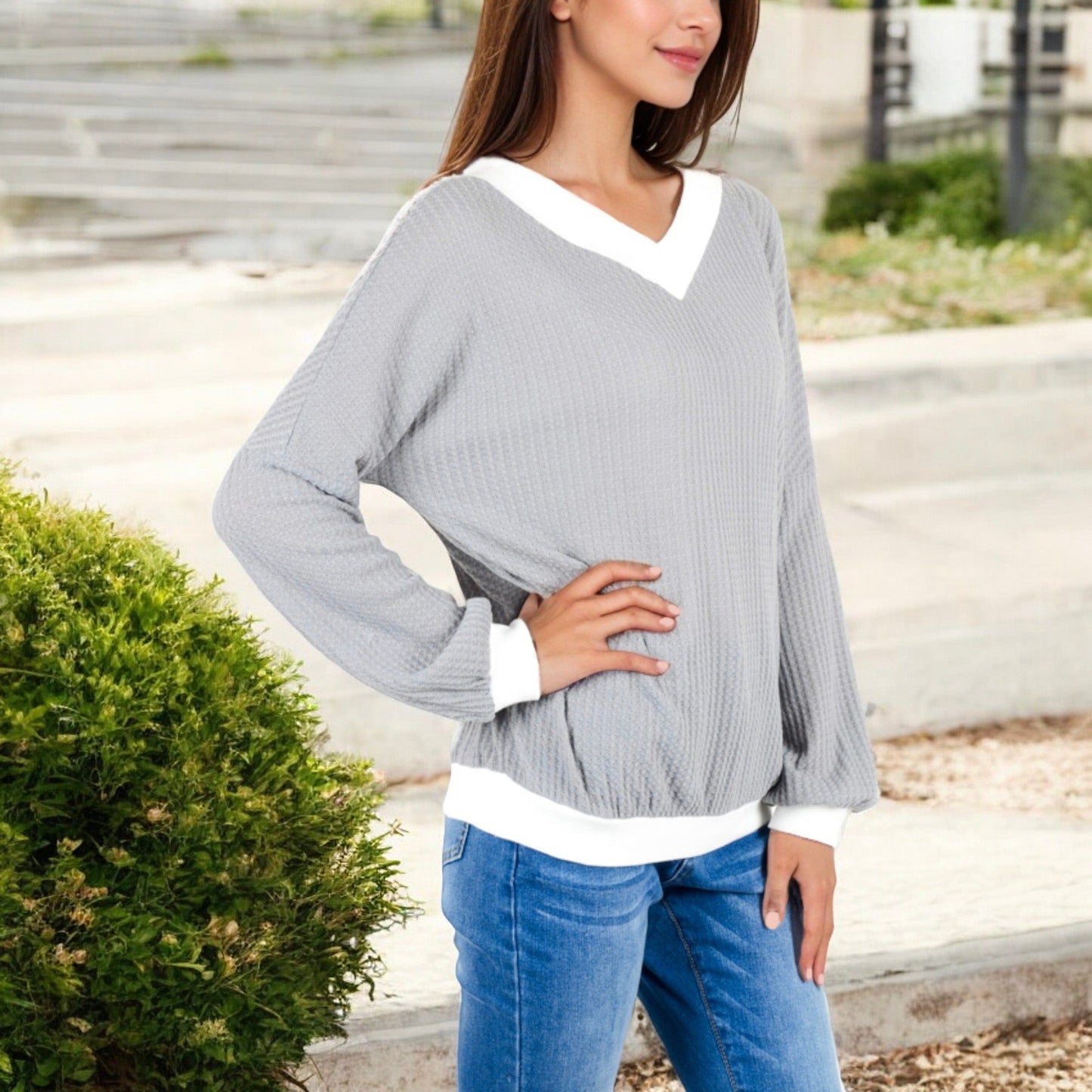 V-Neck Waffle Knit Long Sleeve Top Contrast Trim Relaxed Fit