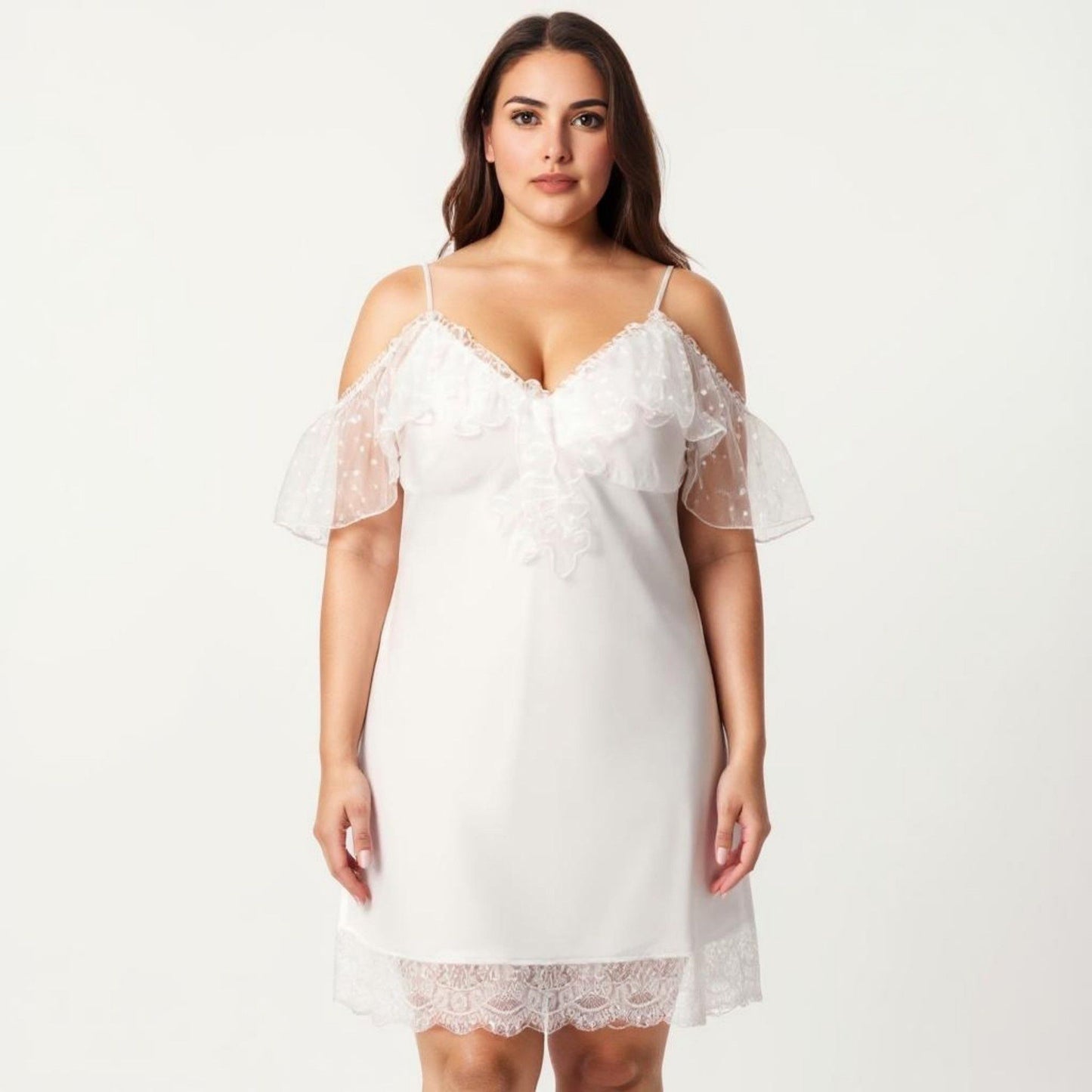 Plus Size Chiffon Chemise Ruffle Sleeve Lace Trim Nightgown Adjustable Strap Sleep Dress