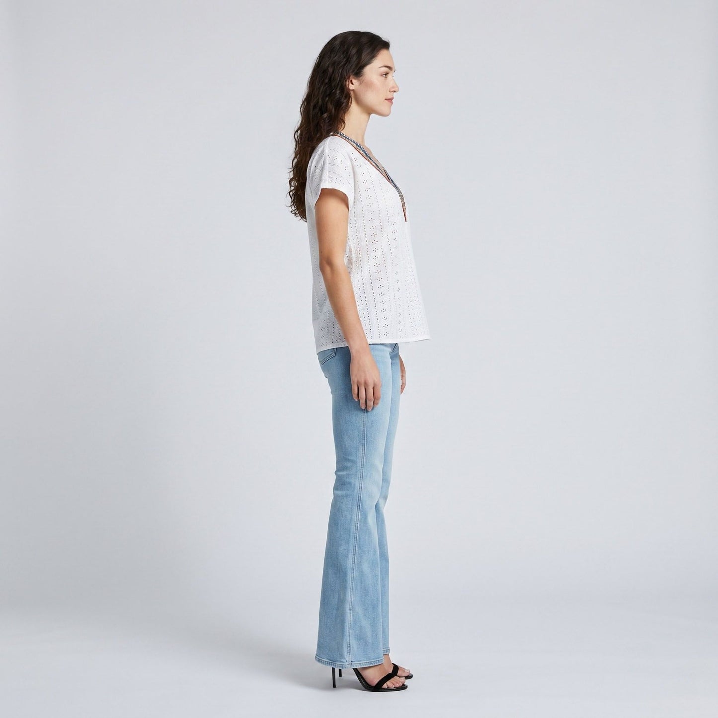 Boho V-Neck Eyelet Blouse Short Sleeve Embroidered Trim Top