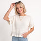 Short Sleeve Sweater Top Lace Ruffle Hem Textured Knit Blouse