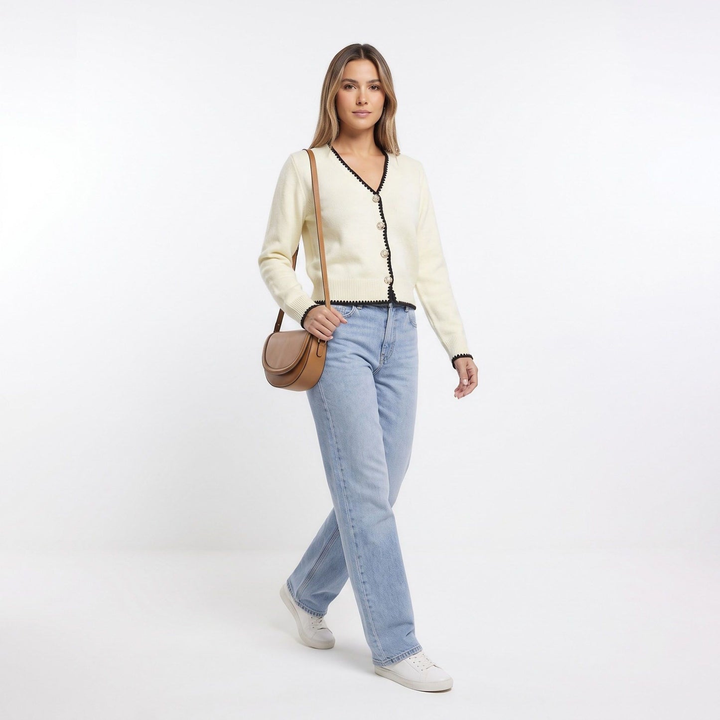 Contrast Scallop Trim V Neck Button Front Cardigan Sweater