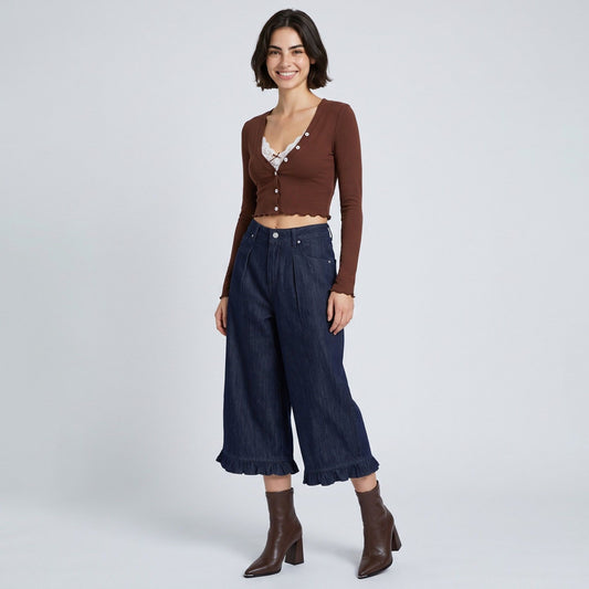 High-Waisted Dark Wash Ruffle Hem Cropped Wide-Leg Denim Trousers
