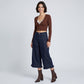 High-Waisted Dark Wash Ruffle Hem Cropped Wide-Leg Denim Trousers