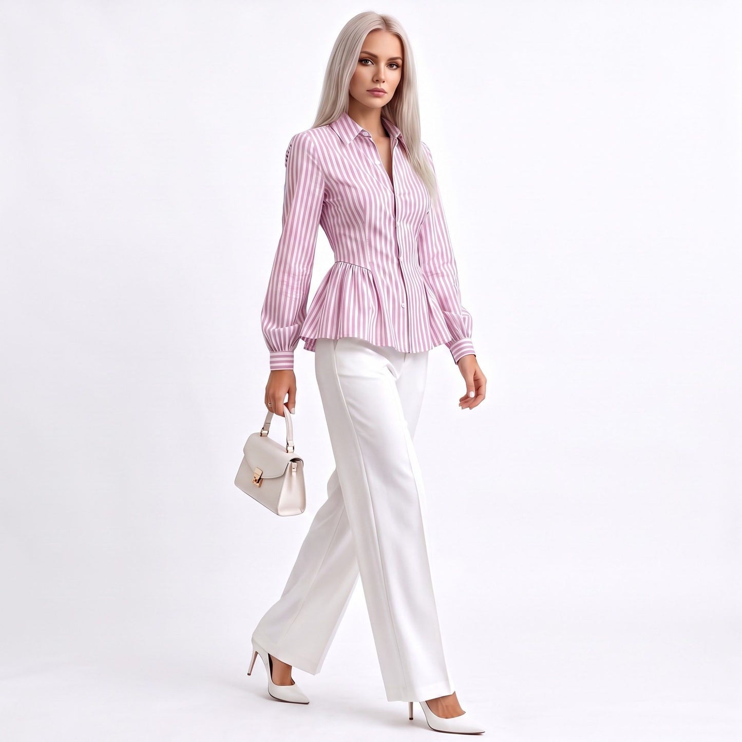 Striped Long Sleeve Button Down Peplum Shirt with Collared Neckline