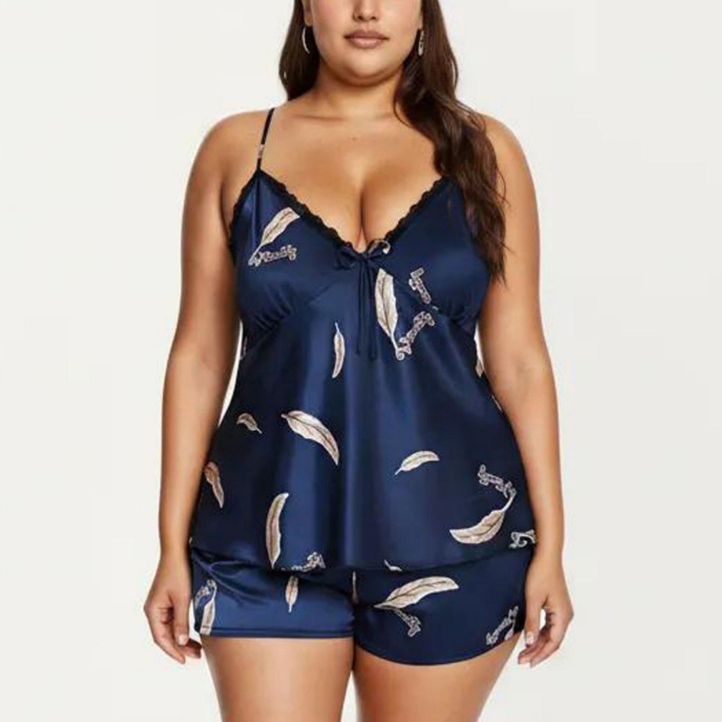 Plus Size 2-Piece Satin Pajama Set with Lace Trim Cami Top Adjustable Straps Relaxed Fit Shorts Sleepwear Set