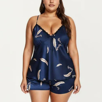 Plus Size 2-Piece Satin Pajama Set with Lace Trim Cami Top Adjustable Straps Relaxed Fit Shorts Sleepwear Set