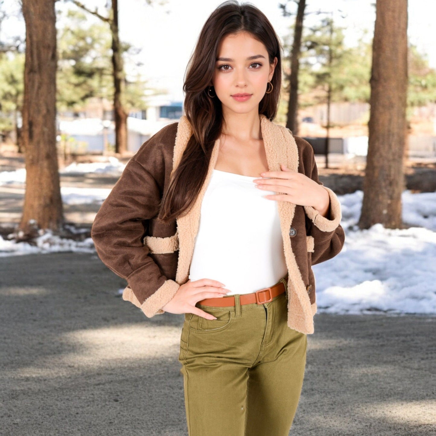 Faux Shearling Jacket with Shawl Collar and Contrast Trim