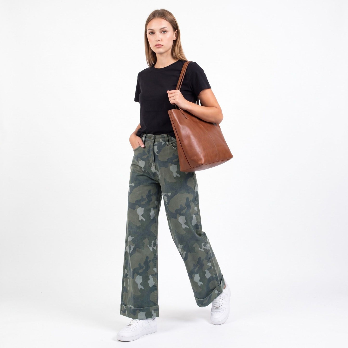 Camo Print High Rise Wide Leg Jeans Cuffed Hem Casual Denim Pants