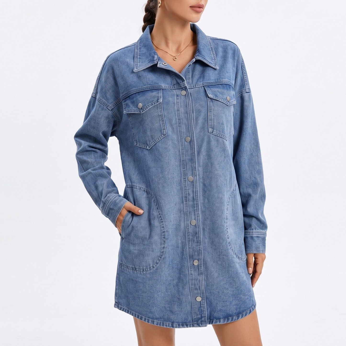 Washed Denim Shirt Jacket Long Sleeve Snap Front Oversized Shacket with Pockets