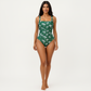 Palm Print One Piece Swimsuit with Square Neckline and Ruched Tummy Control Fit