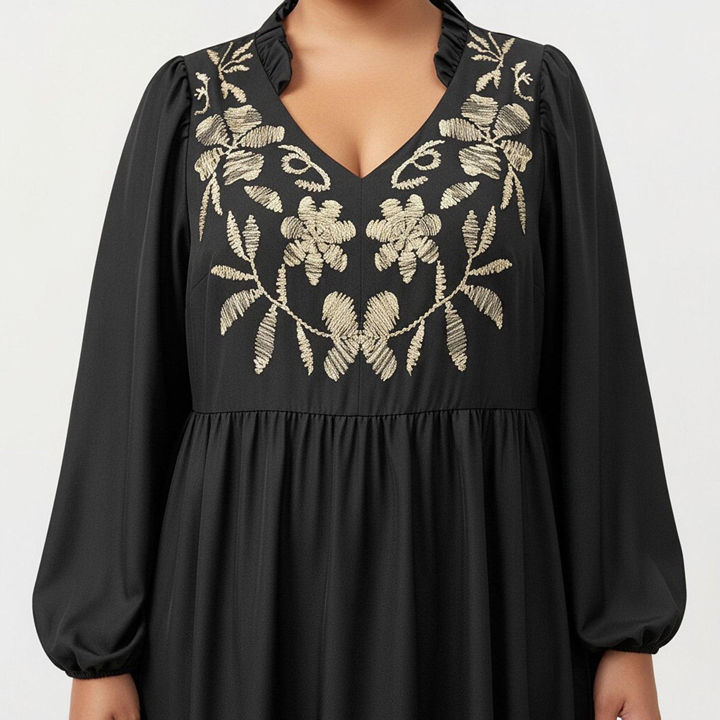 Plus Size Long Sleeve V Neck Dress with Floral Embroidered Bodice and Flowy Tiered Skirt