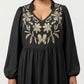 Plus Size Long Sleeve V Neck Dress with Floral Embroidered Bodice and Flowy Tiered Skirt