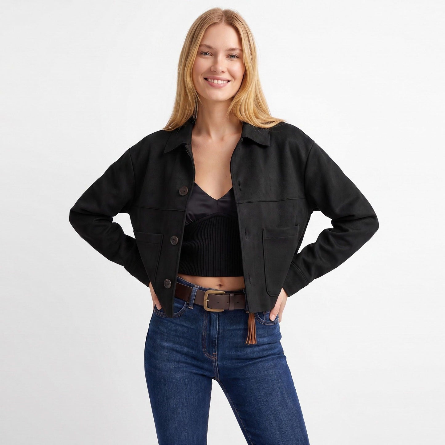 Cropped Button Front Shirt Jacket with Patch Pockets