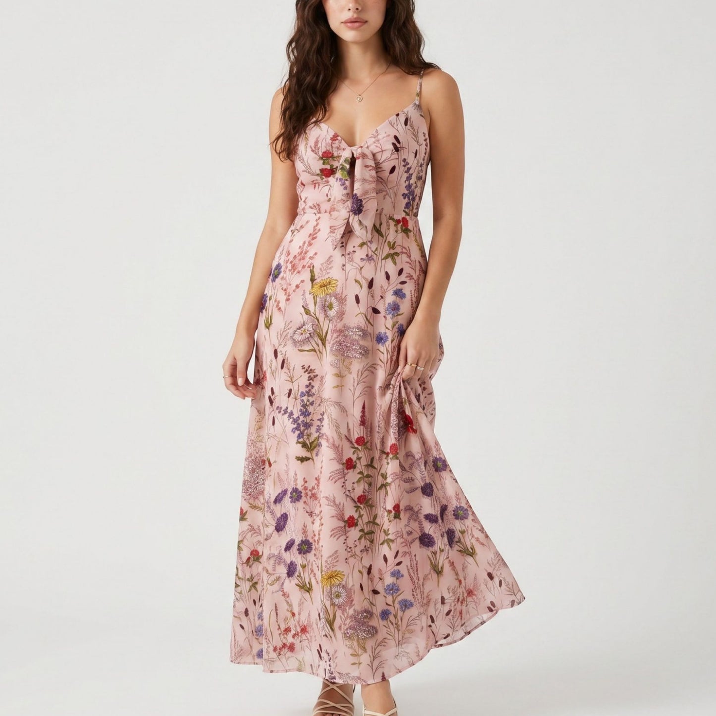 Floral Print Tie Front Maxi Dress with Spaghetti Straps and Flowy Skirt