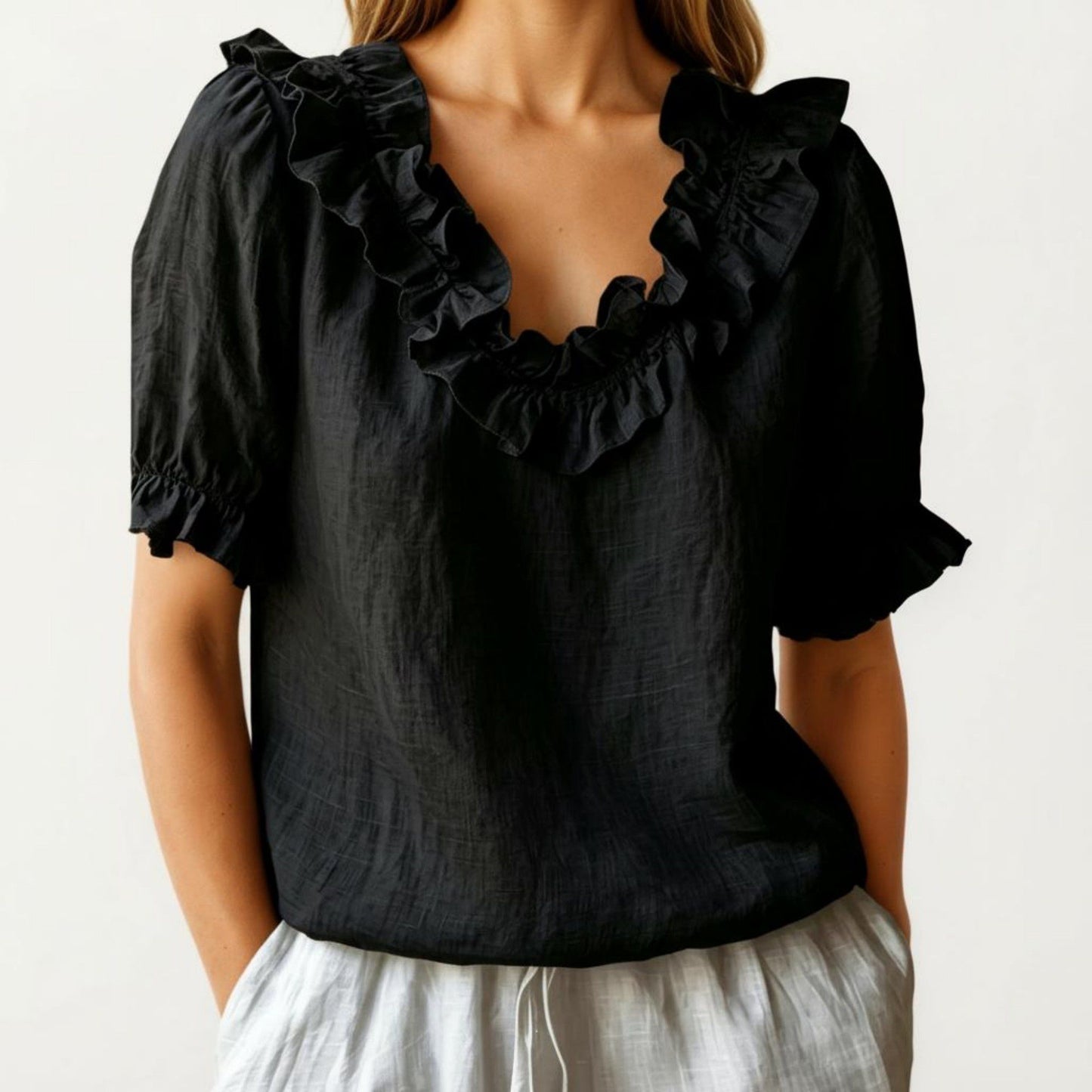 Ruffle Neck Blouse with Short Puff Sleeves and Textured Linen-Like Fabric