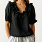 Ruffle Neck Blouse with Short Puff Sleeves and Textured Linen-Like Fabric
