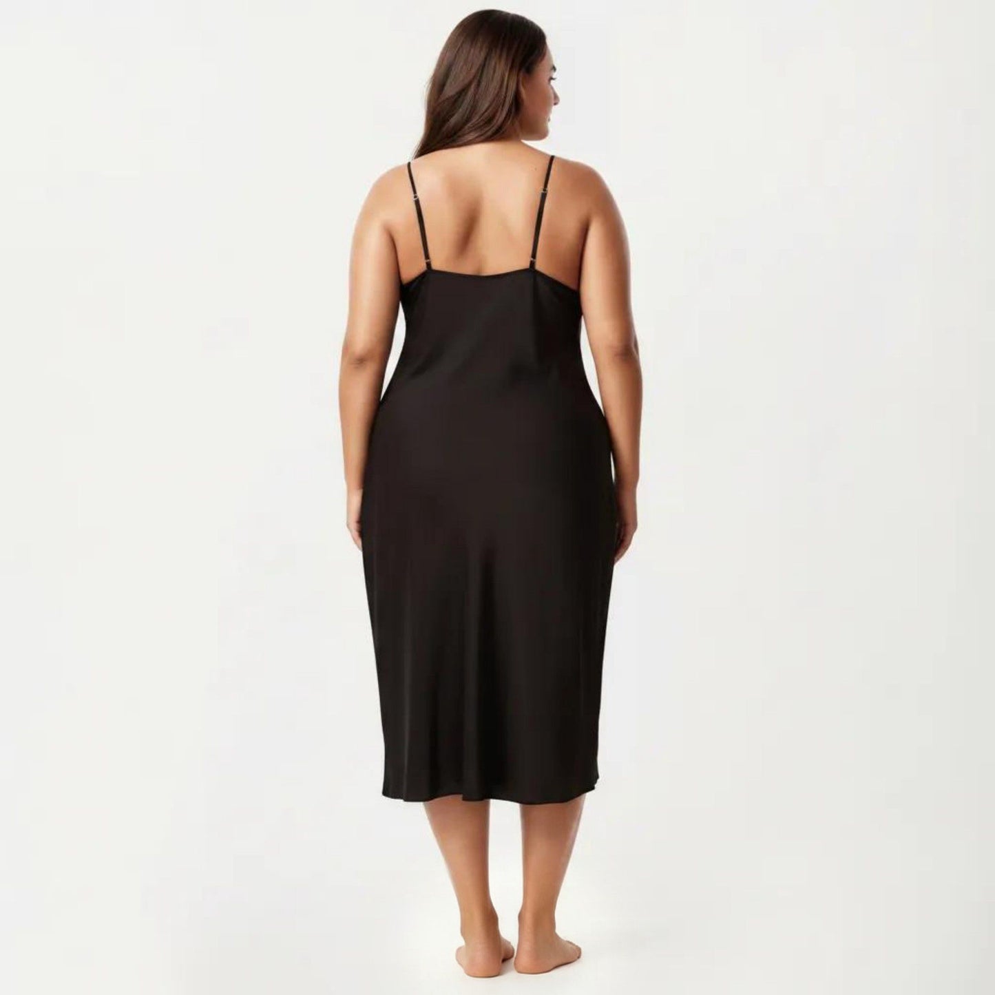 Plus Size Long Satin Chemise Lace Panel Nightgown Adjustable Strap Slip Sleep Dress