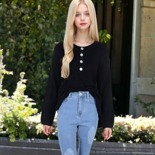 Contrast Half Button Henley Down Long Sleeve Sweater