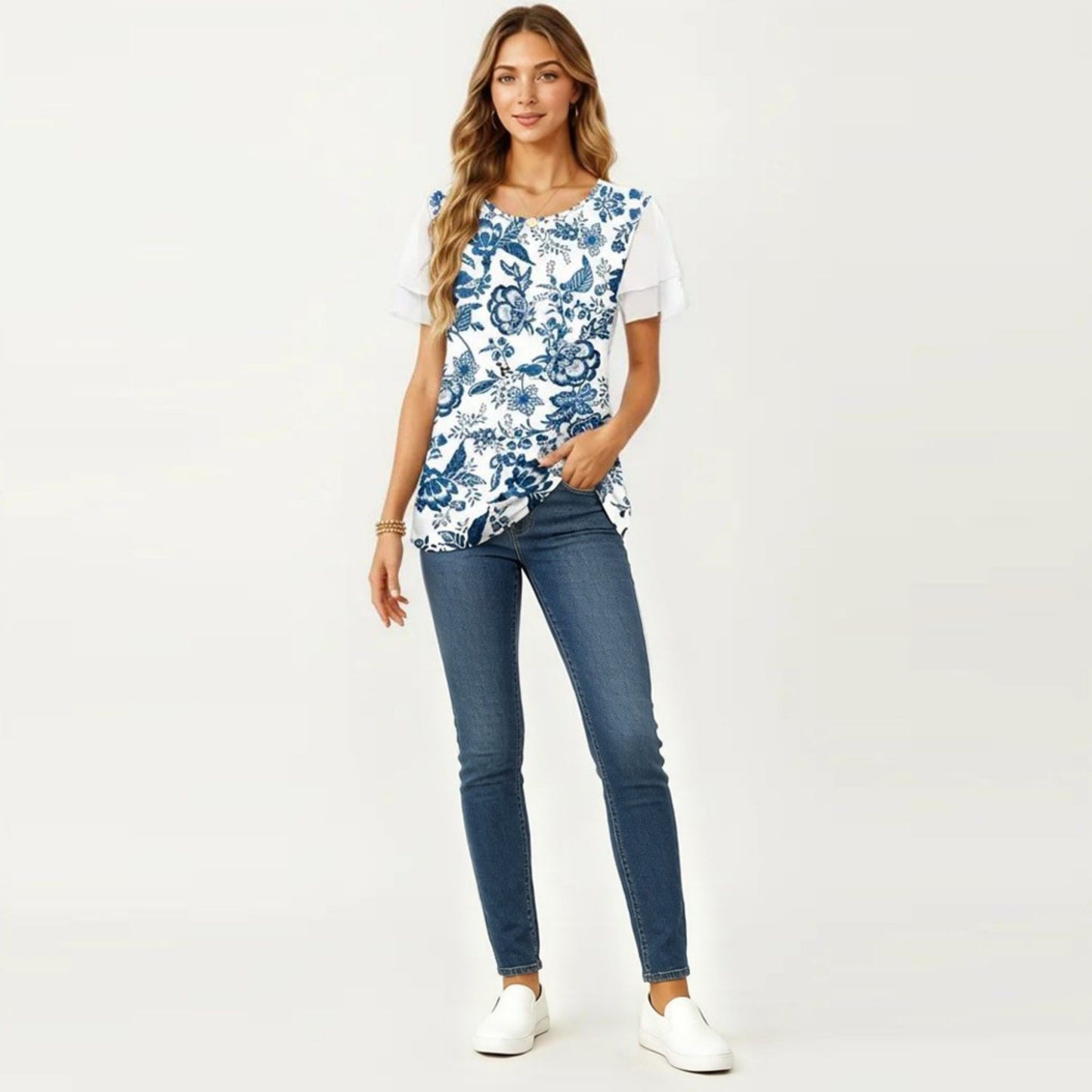 Short Sleeve Top with Leopard Print Mesh Sleeves Round Neck Relaxed Fit Casual Shirt