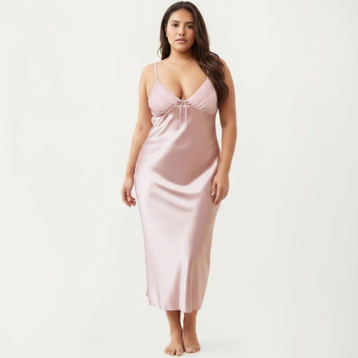 Plus Size Satin Chemise Nightgown with Lace Trim Neckline Adjustable Straps Side Slit Slip Dress
