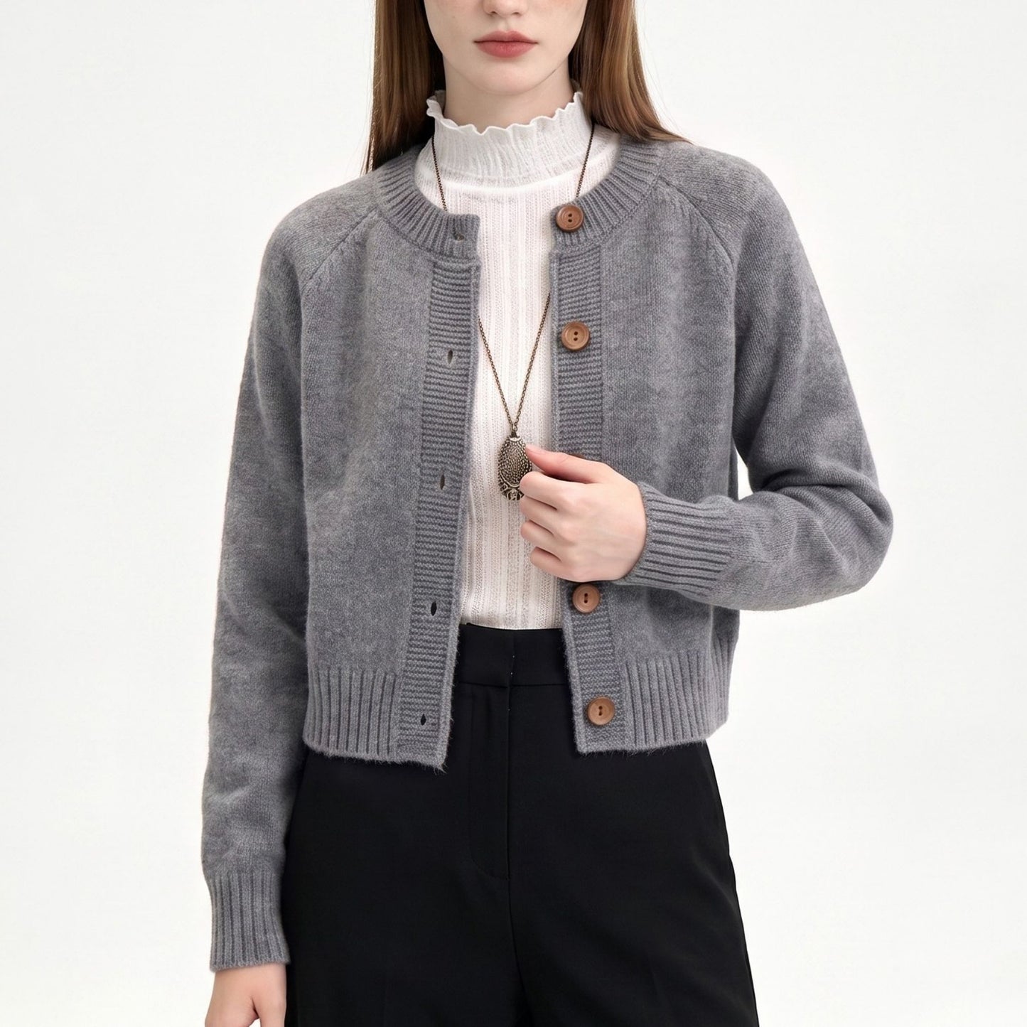Cropped Crewneck Button-Front Cardigan Sweater