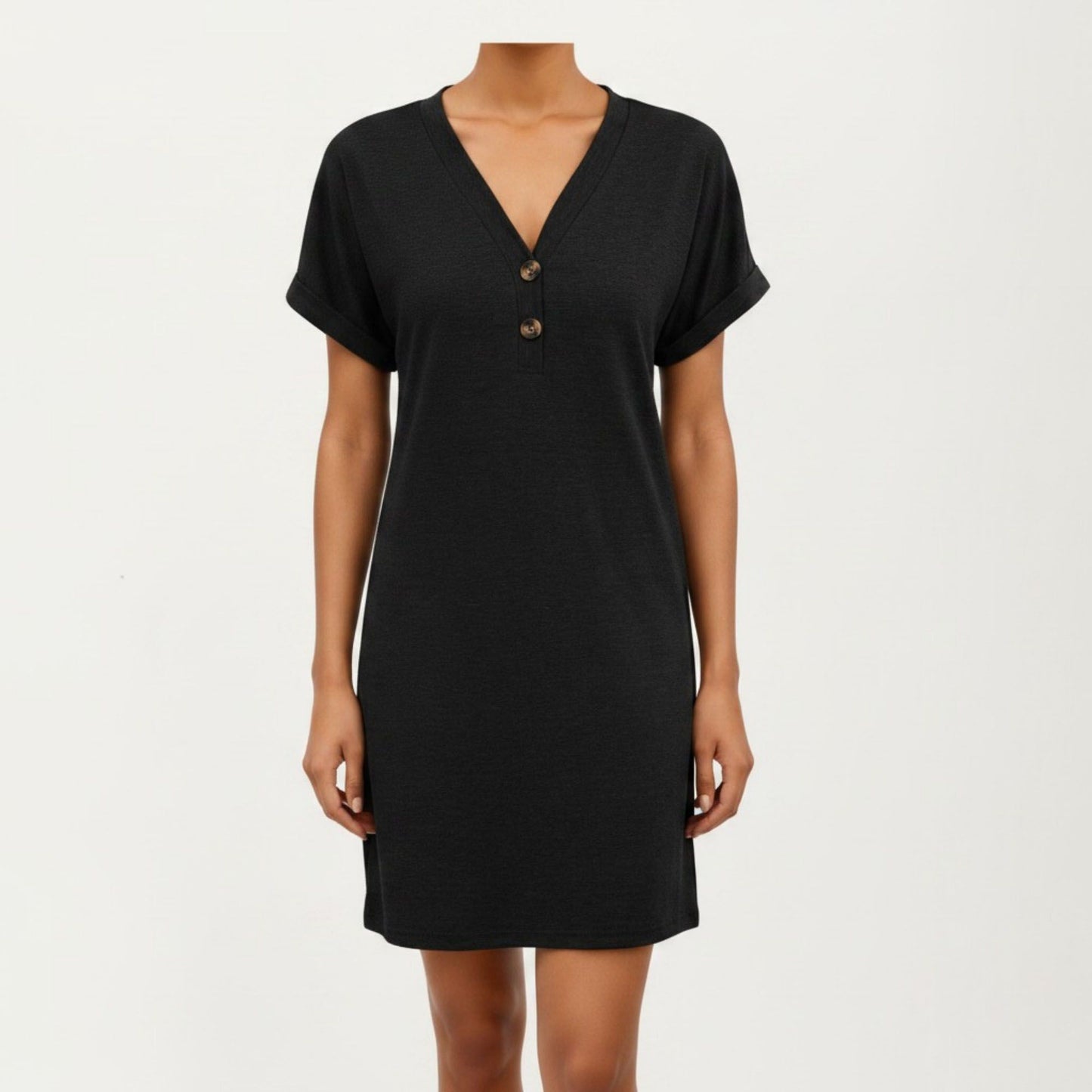 Short Sleeve V Neck Shift Dress with Button Detail Relaxed Fit Casual Tunic Dress