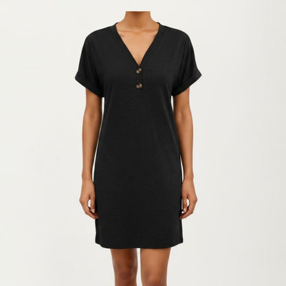 Short Sleeve V Neck Shift Dress with Button Detail Relaxed Fit Casual Tunic Dress