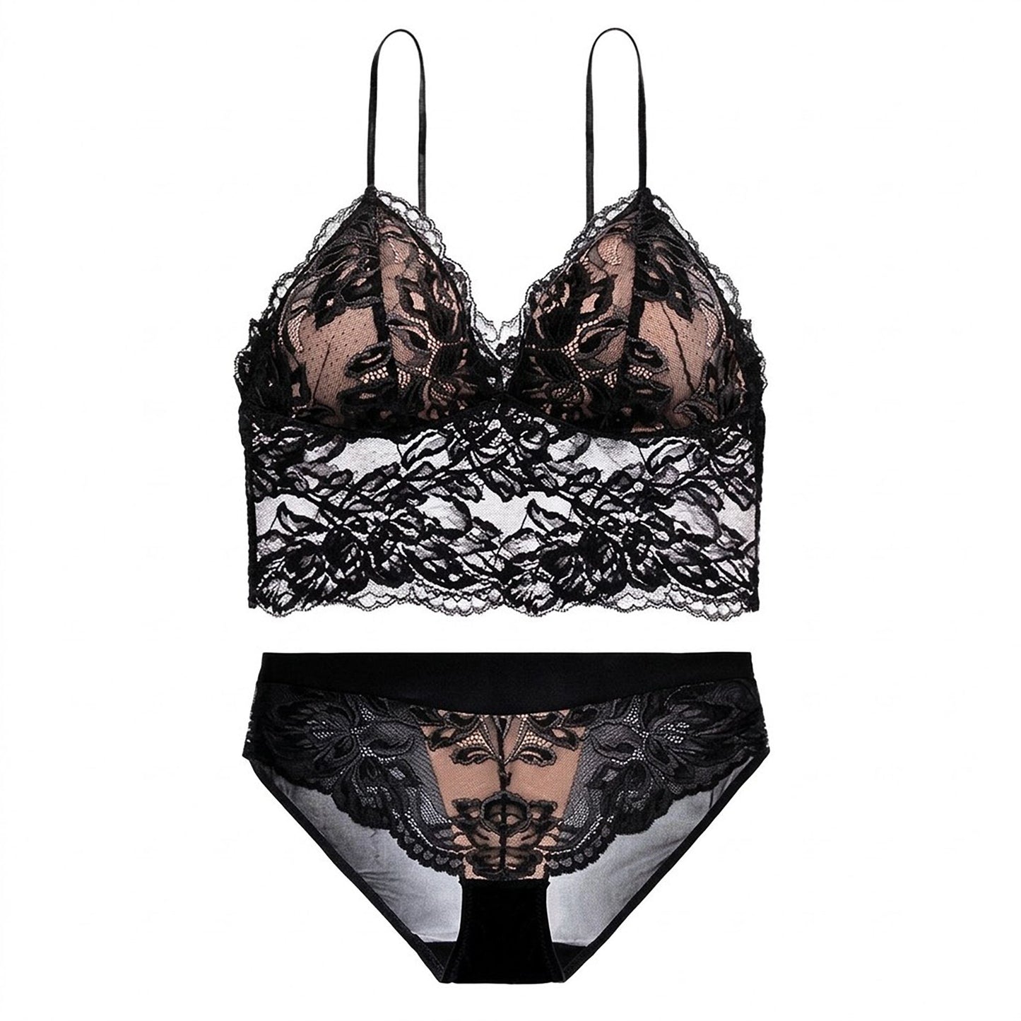 Floral Lace Longline Bralette and Matching Panty Two Piece Lingerie Set