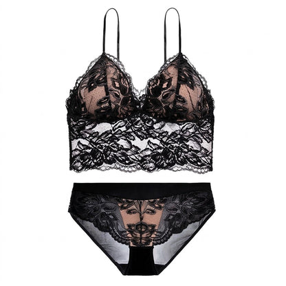 Floral Lace Longline Bralette and Matching Panty Two Piece Lingerie Set