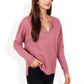 Long Sleeve Waffle Knit Top Notched Neckline Chest Pocket