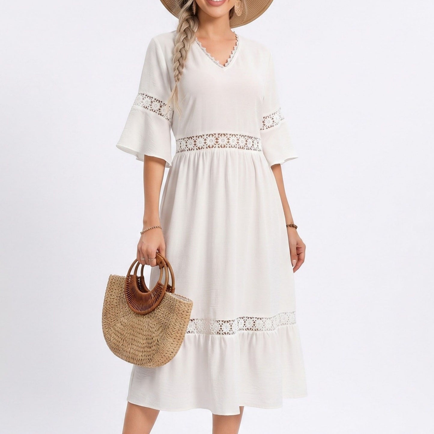 V-Neck Lace Trim Bell Sleeve Midi Dress